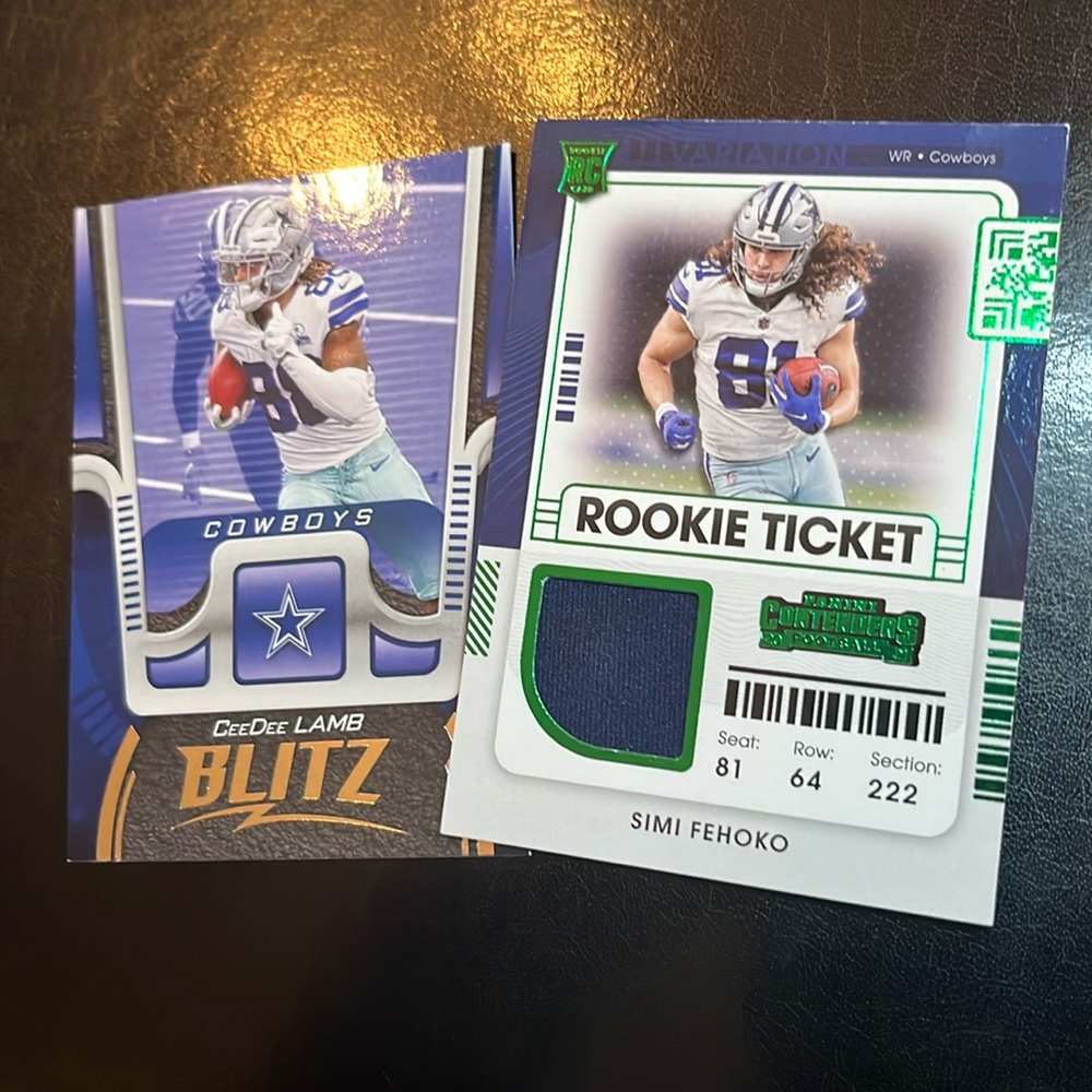 CeeDee Lamb Blitz code card and Simi Fehoko Rookie Ticket Patch Card